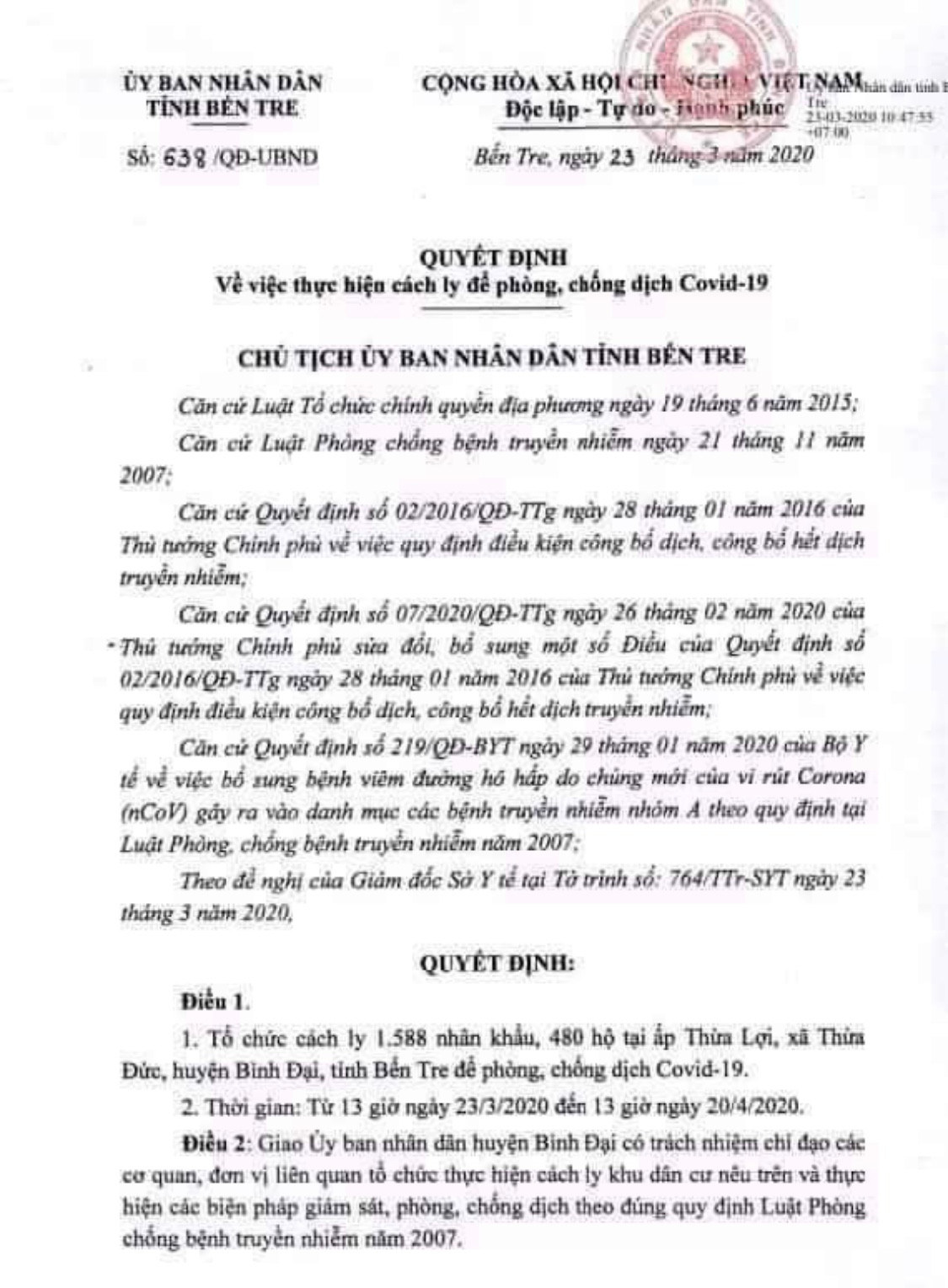Bến Tre: Cách ly 1.588 người có tiếp xúc với bệnh nhân nhiễm Covid -19