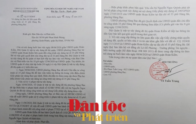 Công văn số 95/QLTTXDĐT ngày 12/6/2020 của Đội QLTTXDĐT quận Hoàn Kiếm