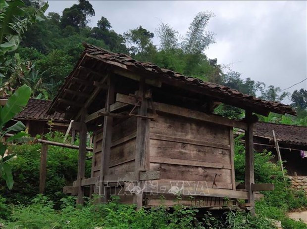 Người dân xóm Hoài Khao không dùng bồ để chứa thóc, họ dựng những căn nhà gỗ nhỏ làm kho chứa, trông rất độc đáo, lạ mắt. Ảnh: Quốc Đạt - TTXVN