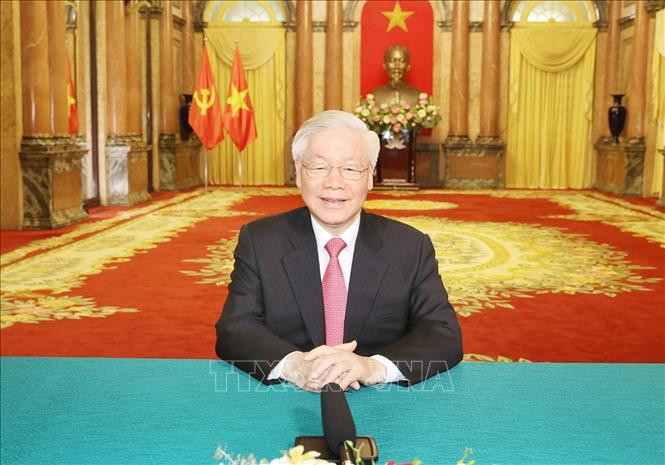 Tổng Bí thư, Chủ tịch nước Nguyễn Phú Trọng gửi thông điệp tới Phiên thảo luận chung cấp cao Khóa 75 Đại hội đồng Liiên hợp quốc.. Ảnh: Trí Dũng/TTXVN