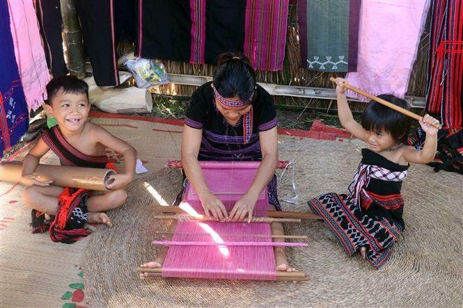 Trình diễn dệt thổ cẩm của người Cơ Tu tại ngày hội Di sản văn hóa Đà Nẵng 2020. Ảnh: Trần Lê Lâm/TTXVN