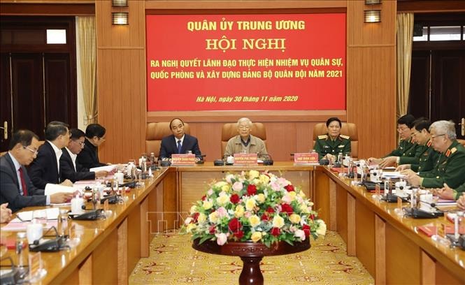 Tổng Bí thư, Chủ tịch nước Nguyễn Phú Trọng, Bí thư Quân ủy Trung ương chủ trì Hội nghị. Ảnh: Trí Dũng/TTXVN