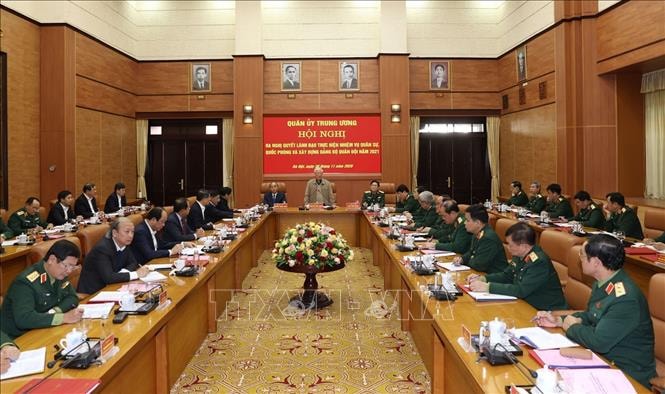 Tổng Bí thư, Chủ tịch nước Nguyễn Phú Trọng, Bí thư Quân ủy Trung ương phát biểu kết luận Hội nghị. Ảnh: Trí Dũng/TTXVN