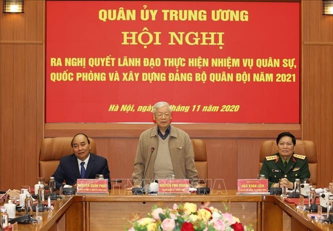 Tổng Bí thư, Chủ tịch nước Nguyễn Phú Trọng, Bí thư Quân ủy Trung ương phát biểu kết luận Hội nghị. Ảnh: Trí Dũng/TTXVN