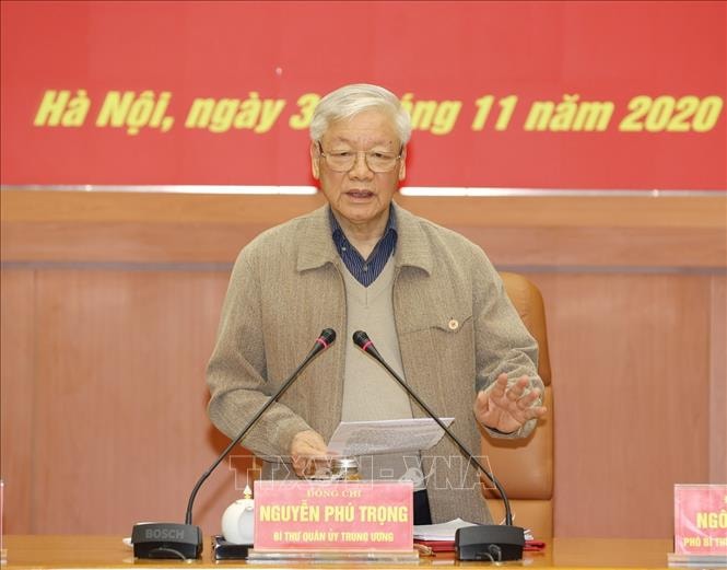 Tổng Bí thư, Chủ tịch nước Nguyễn Phú Trọng, Bí thư Quân ủy Trung ương phát biểu kết luận Hội nghị. Ảnh: Trí Dũng/TTXVN