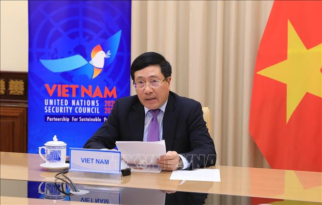 Phó Thủ tướng, Bộ trưởng Ngoại giao Phạm Bình Minh phát biểu tại cuộc họp trực tuyến của Hội đồng Bảo an Liên hợp quốc với chủ đề 