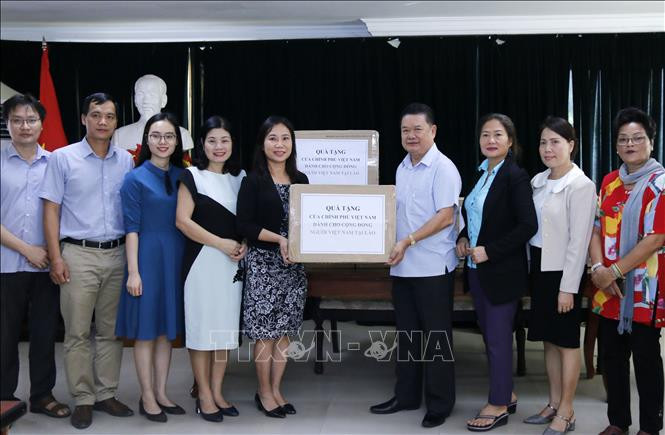 Bà Trịnh Thị Tâm, Công sứ Đại sứ quán Việt Nam tại Lào đang trao tượng trưng cho Chủ tịch Hội người Việt Nam thủ đô Viêng Chăn, ông Nguyễn Văn Mùi thùng khẩu trang Chính phủ gửi cho bà con Cộng đồng, sáng 28/11. Ảnh: Phạm Kiên/PV TTXVN tại Lào