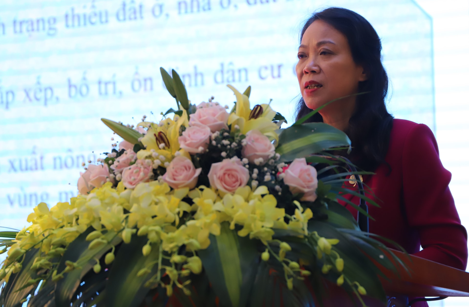 Đồng chí Hoàng Thị Hạnh, Thứ trưởng, Phó Chủ nhiệm Ủy ban Dân tộc phát biều tại Hội nghị