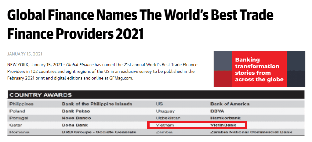 Global Finance công bố danh sách các Ngân hàng đạt giải năm 2021 trên Website chính thức Global Finance công bố danh sách các Ngân hàng đạt giải năm 2021 trên Website chính thức