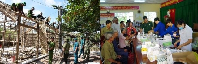 Lực lượng vũ trang giúp nhân dân sửa chữa nhà ở (trái) và thăm khám, cấp phát thuốc cho bà con nhân dân. 