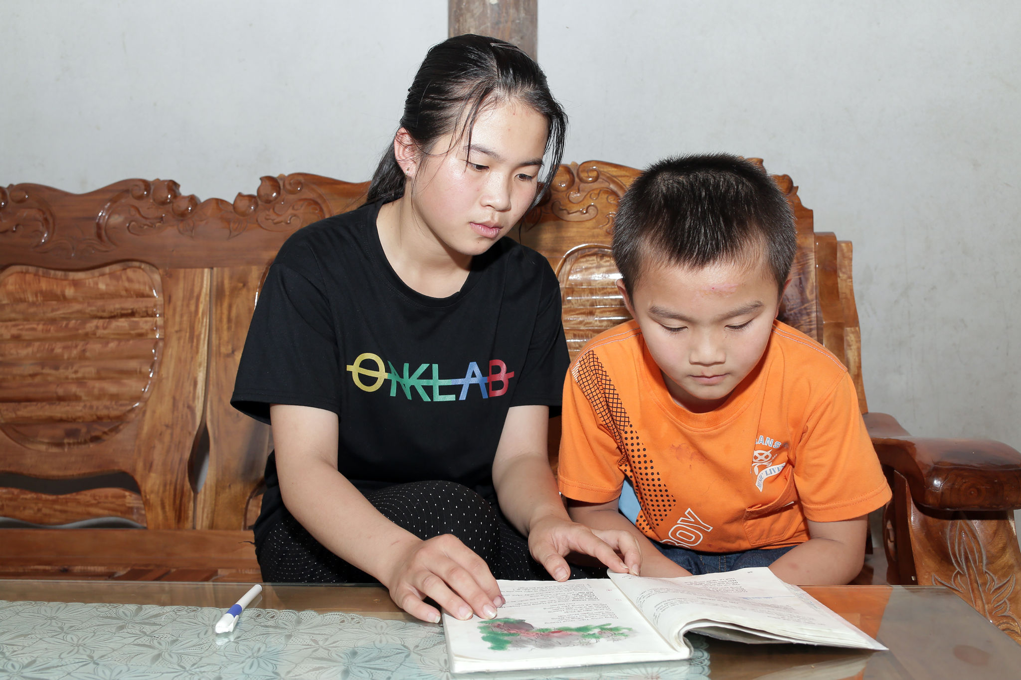 Linh hướng dẫn cho em trai học bài. 