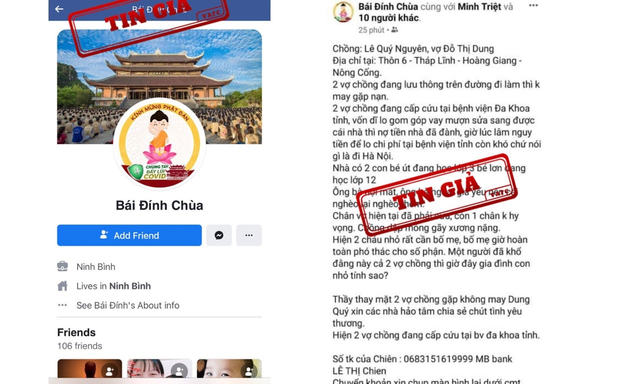 Tài khoản Facebook giả mạo Chùa Bái Đính (Nguồn: VAFC)