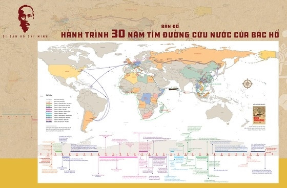 Bản đồ Hành trình 30 năm tìm đường cứu nước của Bác Hồ.Ảnh: NXB Trẻ.