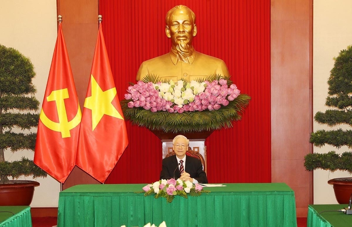 Tổng Bí thư Nguyễn Phú Trọng điện đàm với Tổng thống Hàn Quốc Moon Jae-in. (Nguồn: TTXVN)