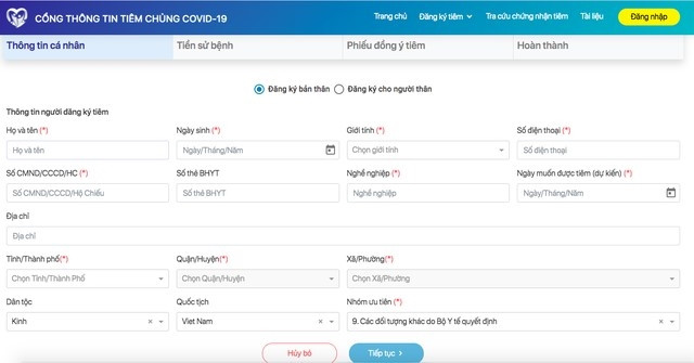 Giao diện Cổng thông tin tiêm chủng COVID-19
