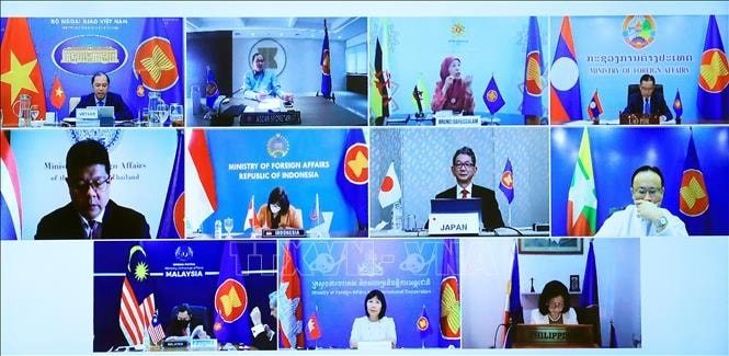 Các đại biểu tham dự trực tuyến Diễn đàn ASEAN - Nhật Bản lần thứ 36. Ảnh: Lâm Khánh/TTXVN Các đại biểu tham dự trực tuyến Diễn đàn ASEAN - Nhật Bản lần thứ 36. Ảnh: Lâm Khánh/TTXVN