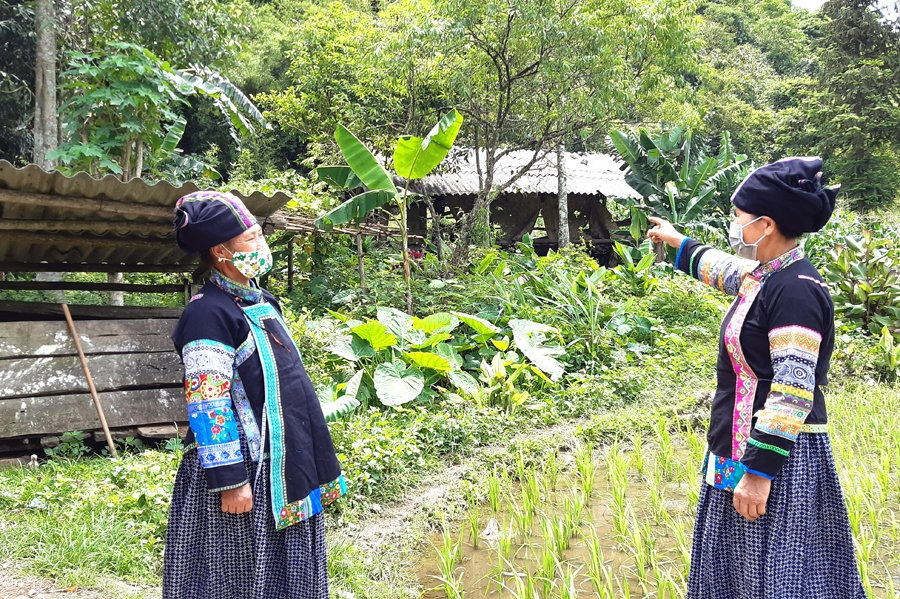 Người có uy tín Lộc Thị Liên (phải) tuyên truyền người dân di chuyển chuồng trại ra xa nhà ở