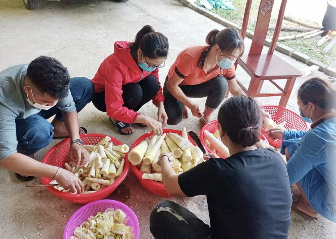 Sơ chế măng để gửi ủng hộ người dân vùng dịch