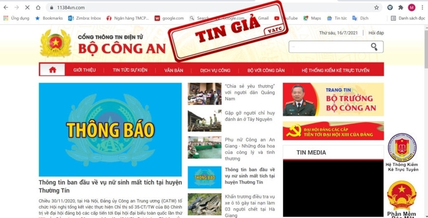 Website www.11384vn.com giả mạo Cổng thông tin Bộ Công an. Ảnh: tingia.gov.vn.   