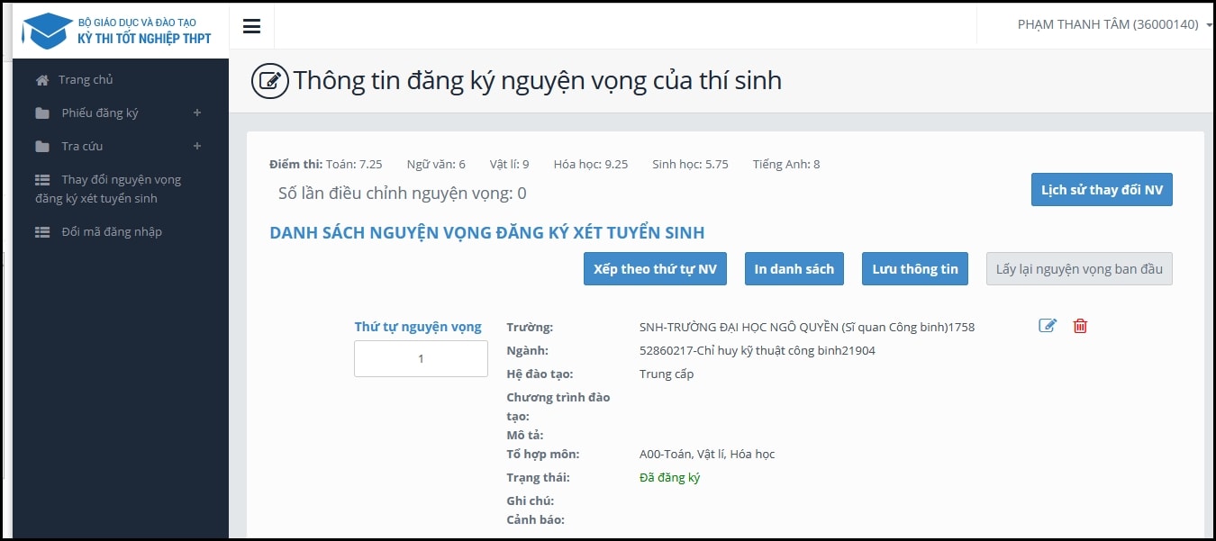 Các bước thực hiện điều chỉnh nguyện vọng đăng ký xét tuyển trực tuyến 4
