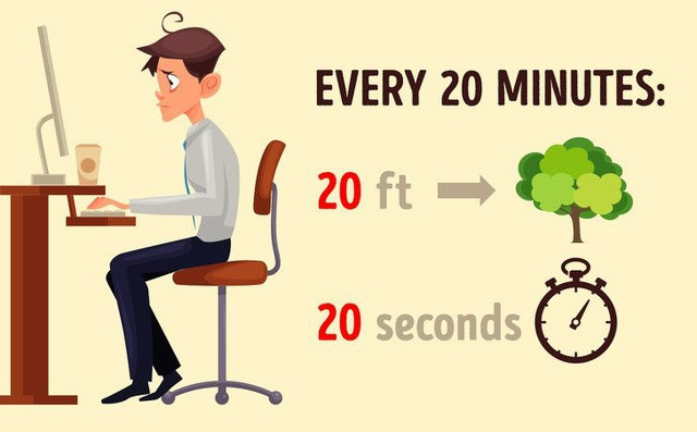 Tuân thủ tỉ lệ 20:20:20- Làm việc máy tính khoảng 20 phút nên nghỉ 20 giây và nhìn xa ra cửa sổ, bầu trời khoảng 20 feet (khoảng 6m)