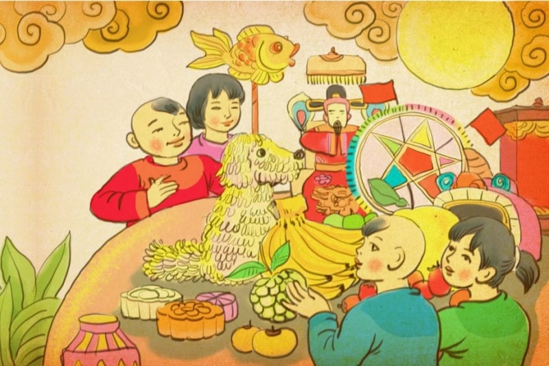 Mâm cỗ Trung thu xưa trong trưng bày Mâm cỗ Trung thu xưa trong trưng bày
