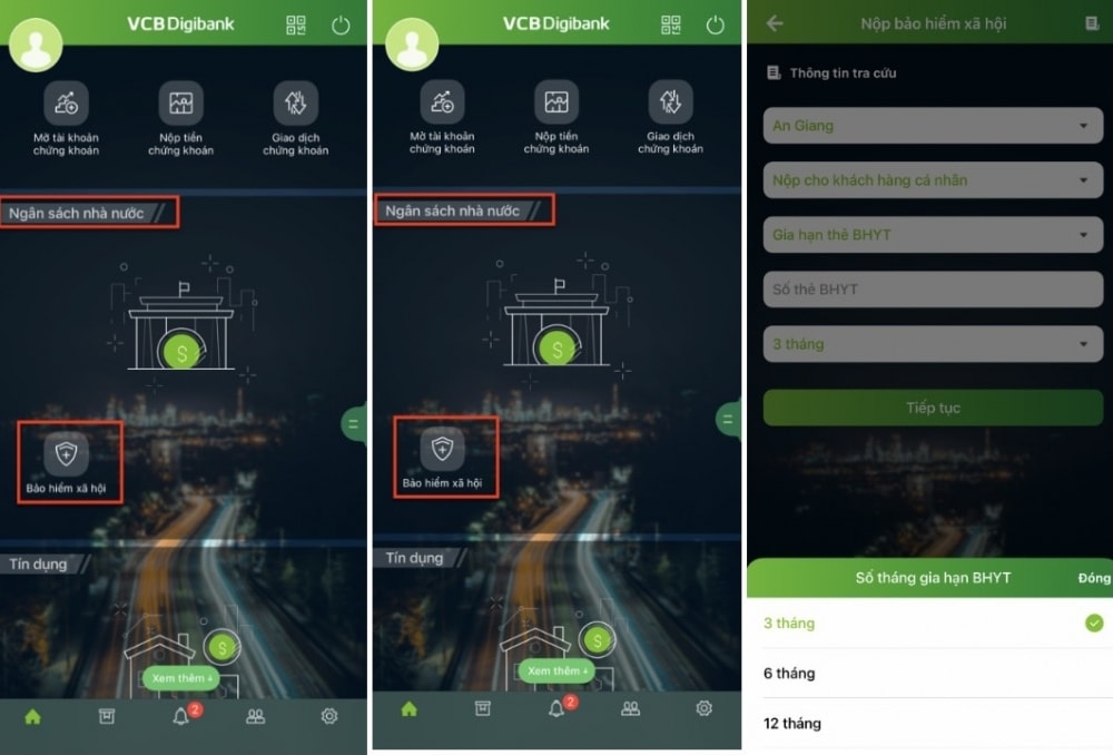 Các bước đóng tiếp BHXH tự nguyện, gia hạn thẻ BHYT hộ gia đình trên ứng dụng VCB Digibank Các bước đóng tiếp BHXH tự nguyện, gia hạn thẻ BHYT hộ gia đình trên ứng dụng VCB Digibank
