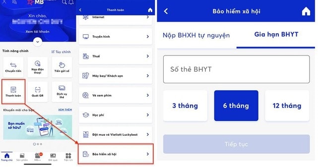 Các bước đóng tiếp BHXH tự nguyện, gia hạn thẻ BHYT hộ gia đình trên ứng dụng MB Bank Các bước đóng tiếp BHXH tự nguyện, gia hạn thẻ BHYT hộ gia đình trên ứng dụng MB Bank