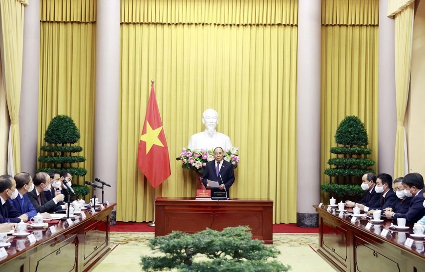 Chủ tịch nước Nguyễn Xuân Phúc phát biểu tại lễ trao quyết định bổ nhiệm. (Ảnh: Thống Nhất/TTXVN)
