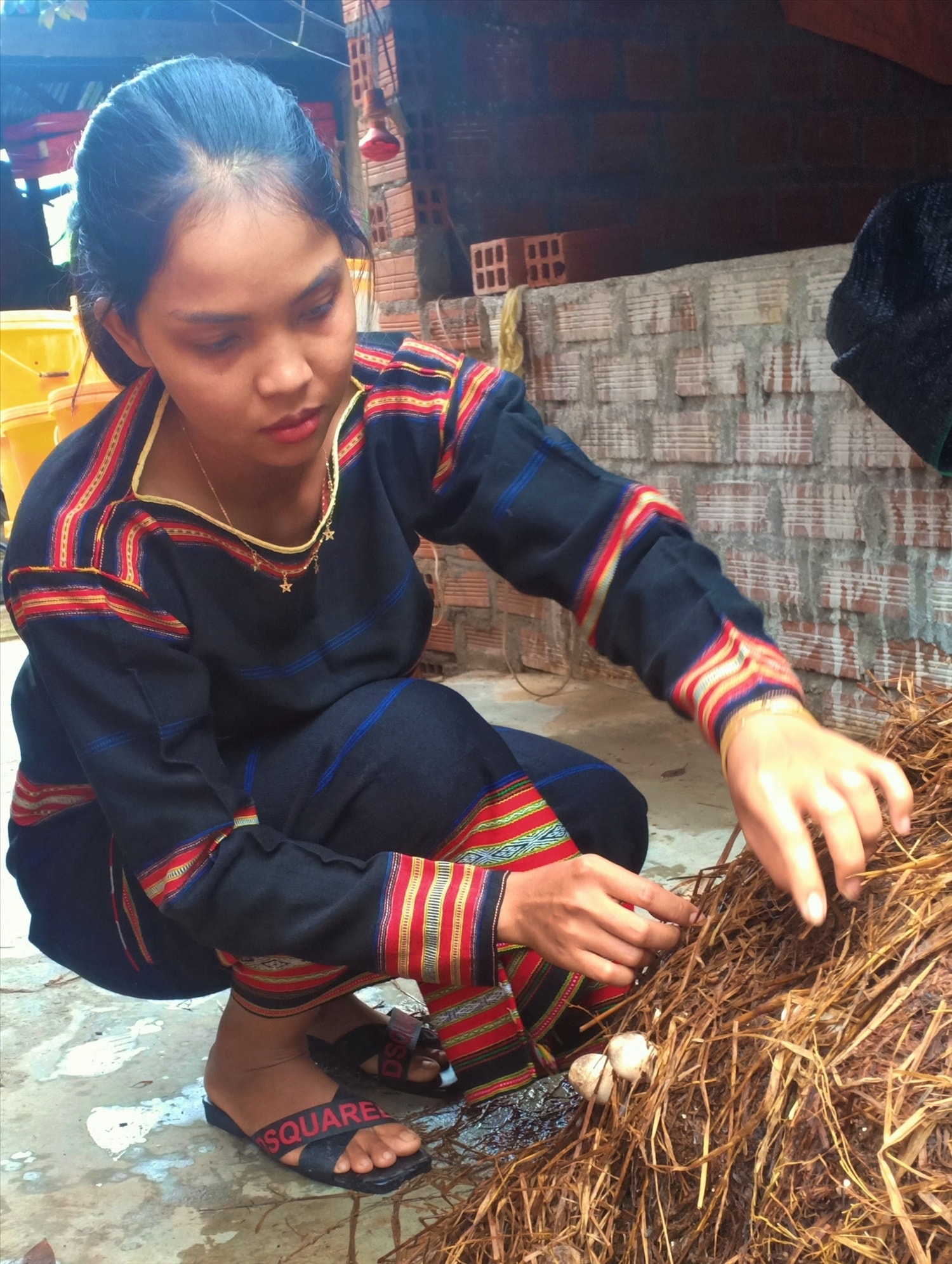 Ksor H'Nhi theo dõi quá trình  sinh trưởng nấm rơm tại vườn nhà