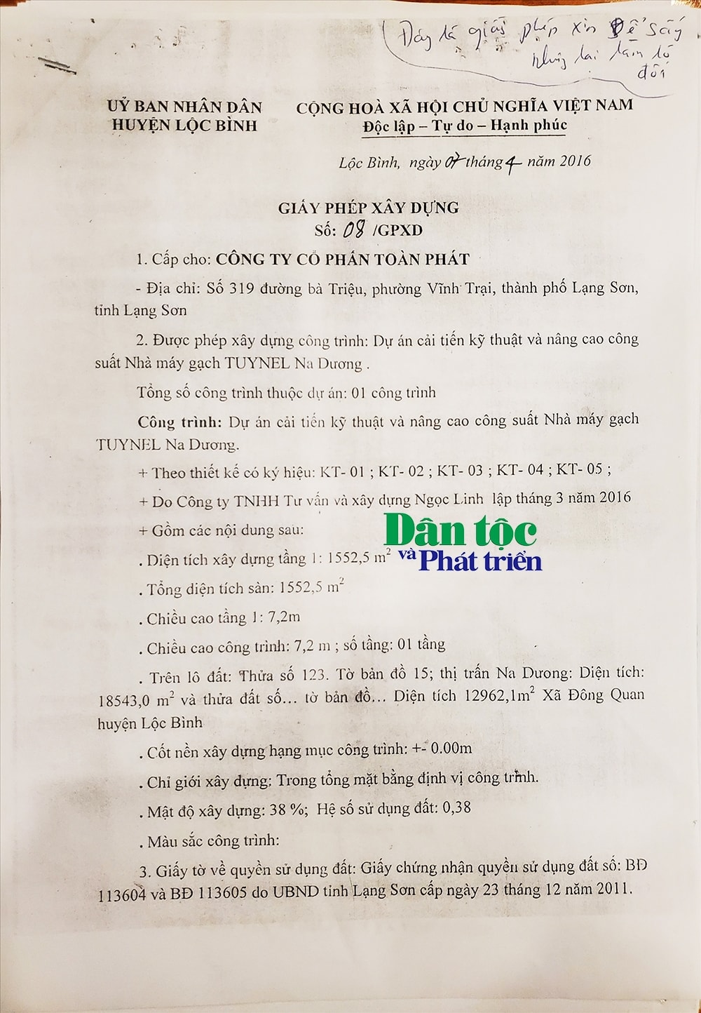 Giấy phép xây dựng được UBND huyện Lộc Bình cấp phép cho Công ty CP Toàn Phát