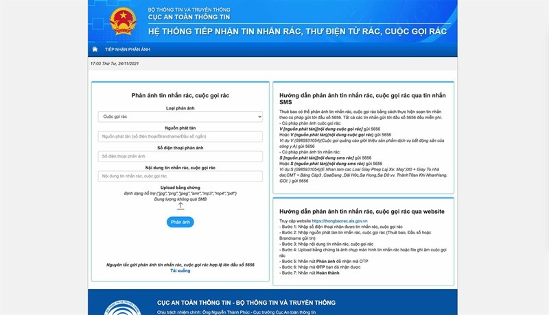 Cổng thông tin dẫn đến trang web giúp người dùng phản ánh tin nhắn, cuộc gọi rác