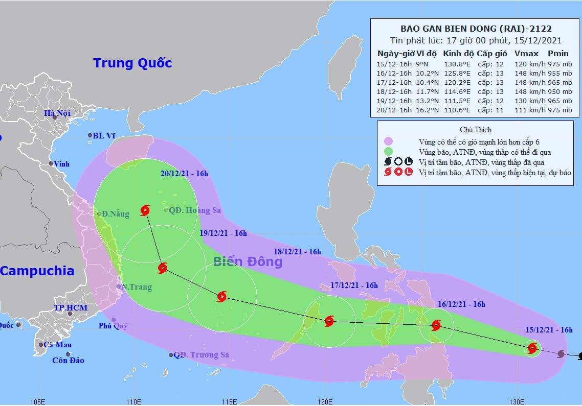 Dự báo vị trí và đường đi của bão RAI. (Ảnh NCHMF) Dự báo vị trí và đường đi của bão RAI. (Ảnh NCHMF)