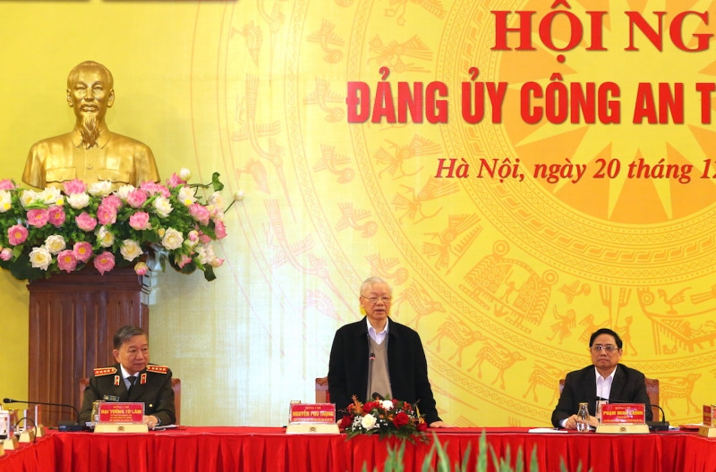 Tổng Bí thư Nguyễn Phú Trọng: Đảng ủy Công an Trung ương chuẩn bị tổ chức tốt Hội nghị Công an toàn quốc lần thứ 77, tạo ra xung lực mới, phong trào mới, để năm nay phải hơn năm ngoái. Ảnh CP