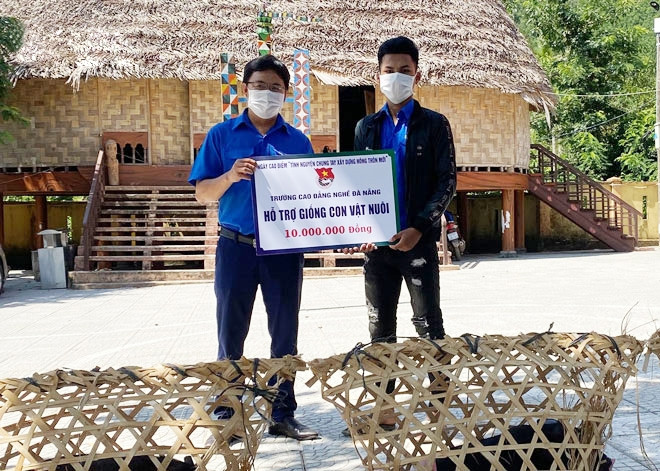 Đại diện Trường Cao đẳng nghề Đà Nẵng tặng con giống vật nuôi cho thanh niên ở xã Hòa Bắc, huyện Hòa Vang