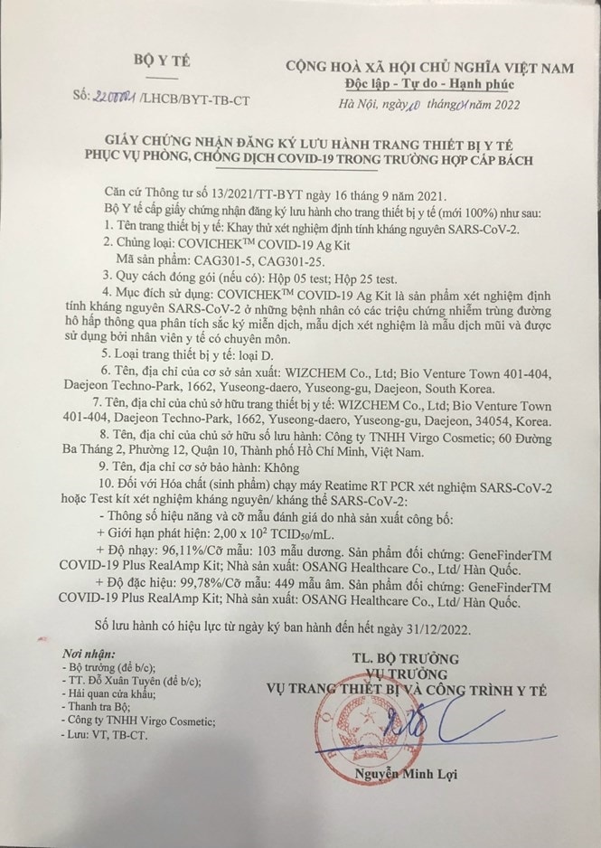 Sản phẩm kit xét nghiệm Covichek - chẩn đoán kháng nguyên Covid-19 đã được Bộ Y tế cấp phép chứng nhận lưu hành trang thiết bị y tế phục vụ phòng, chống dịch Covid-19.