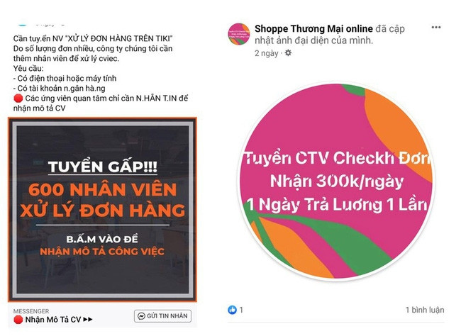 Những quảng cáo đăng tuyển công tác viên làm việc online với mức lương hấp dẫn (Ảnh: PLO)