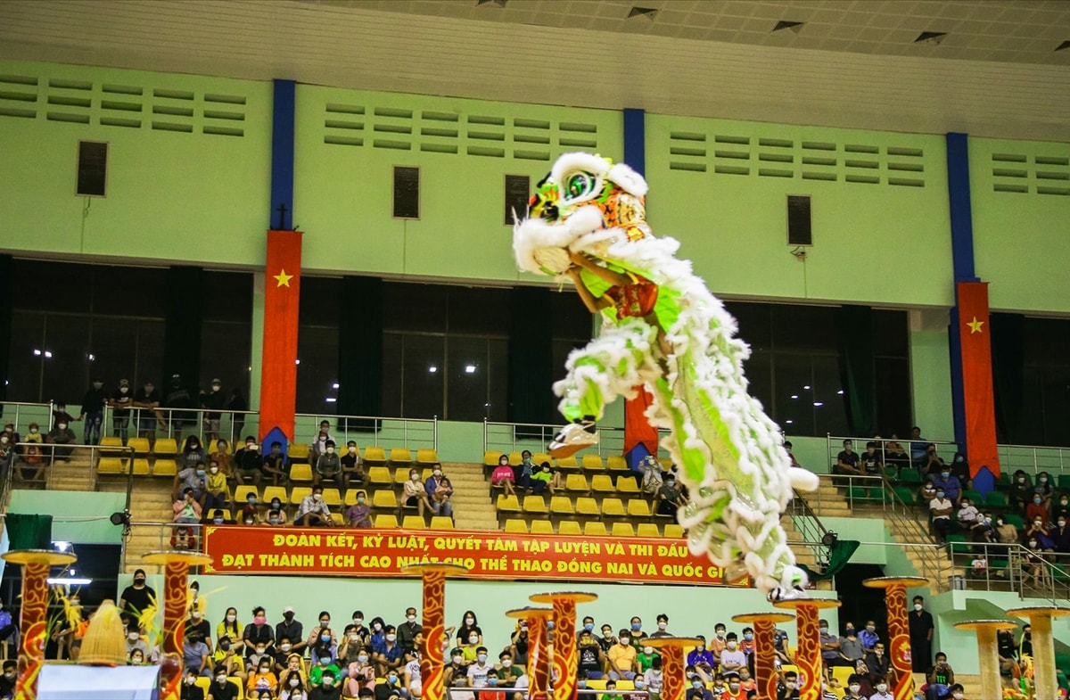 Màn biểu diễn múa Lân trên Mai hoa thung rất ấn tượng Màn biểu diễn múa Lân trên Mai hoa thung rất ấn tượng