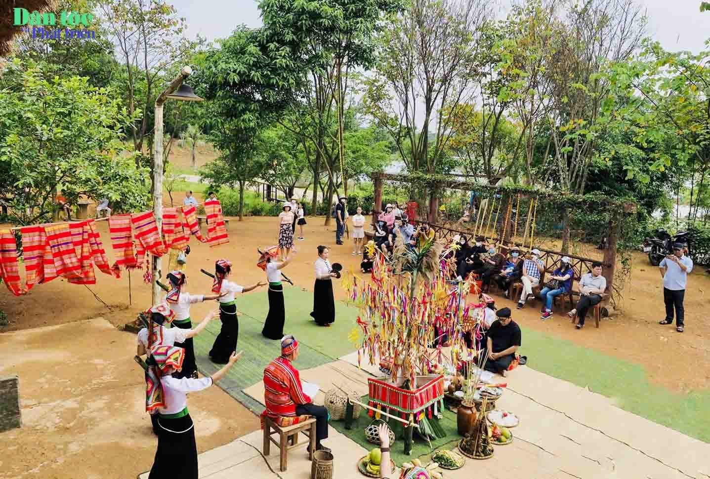 Khi đoàn đi lấy nước trở về tới địa điểm diễn ra Lễ cầu mưa, một người đại diện cho ông Then ngồi phía trên, hướng mặt về phía lễ. Thầy mo ngồi dưới, cùng với những người vừa đi lấy về, dân bản ngồi xung quanh phía sau. Nước lấy về được dựng vào quanh cây nêu