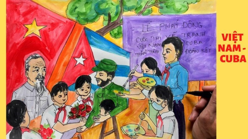 Bức tranh về tình hữu nghị Việt Nam-Cuba của các em thiếu nhi tham gia triển lãm. 