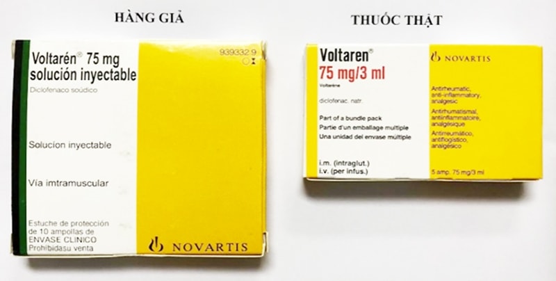 Mẫu thuốc Voltarén 75mg giả và mẫu thuốc Voltaren 75mg thật. Ảnh minh hoạ