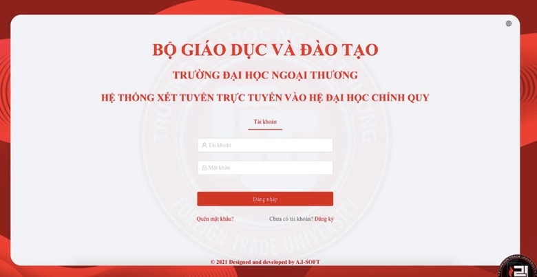  Giao diện đăng ký xét tuyển trực tuyến chính thức của Trường ĐH Ngoại thương. 