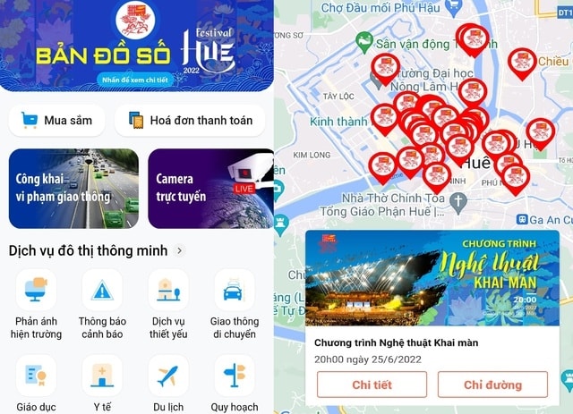 Giao diện Bàn đồ số Festival Huế trên ứng dụng Hue-S. Giao diện Bàn đồ số Festival Huế trên ứng dụng Hue-S.