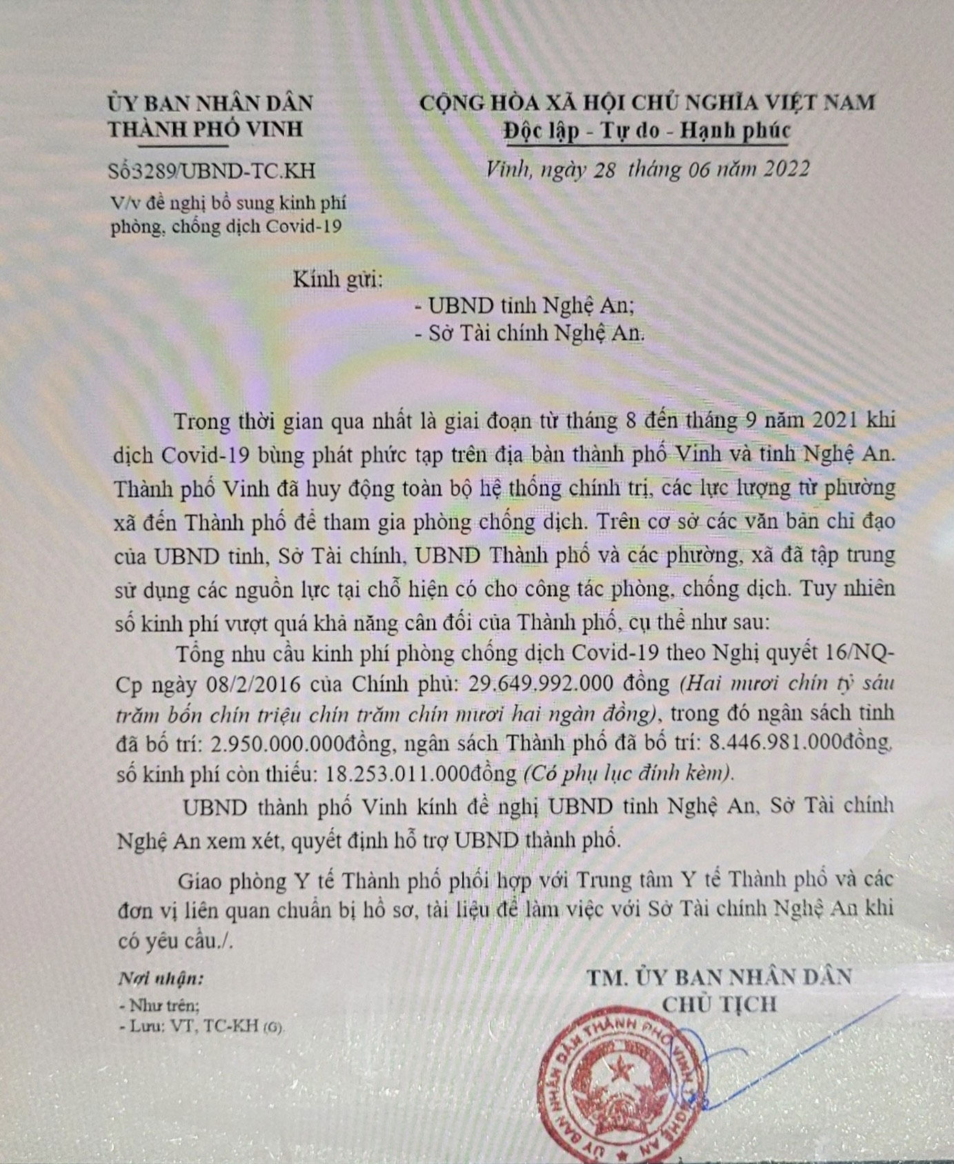 Văn bản đề nghị bổ sung kinh phí phòng chống dịch Covid-19 của TP. Vinh