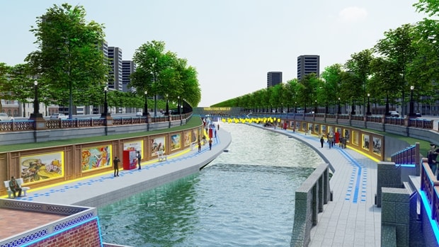 Dự án Công viên Lịch sử-Văn hoá-Tâm linh Tô Lịch sẽ cải tạo toàn bộ 14,6 km của sông Tô Lịch (chảy qua các quận huyện: Đống Đa, Thanh Xuân, Cầu Giấy, Hoàng Mai và Thanh Trì). (Ảnh: JVE)