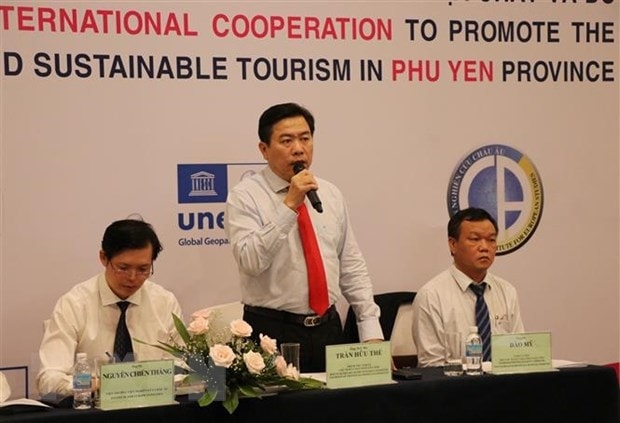 Chủ tịch UBND tỉnh Phú Yên Trần Hữu Thế phát biểu tại Hội nghị. Chủ tịch UBND tỉnh Phú Yên Trần Hữu Thế phát biểu tại Hội nghị hợp tác quốc tế phát huy giá trị di sản Công viên địa chất toàn cầu và du lịch bền vững tỉnh Phú Yên