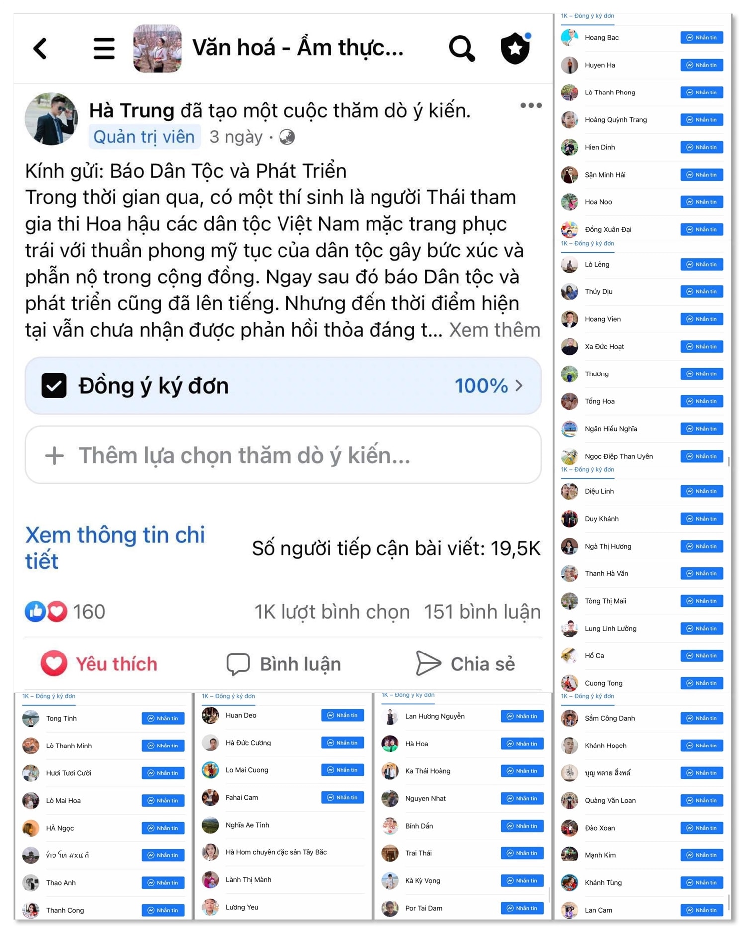 Hàng ngàn người kí đơn trên mạng xã hội Facebook kiến nghị Báo Dân tộc và Phát triển tiếp tục lên tiếng về Cuộc thi Hoa hậu các dân tộc Việt Nam xúc phạm bản sắc văn hóa dân tộc của họ Hàng ngàn người kí đơn trên mạng xã hội Facebook kiến nghị Báo Dân tộc và Phát triển tiếp tục lên tiếng về Cuộc thi Hoa hậu các dân tộc Việt Nam xúc phạm bản sắc văn hóa dân tộc