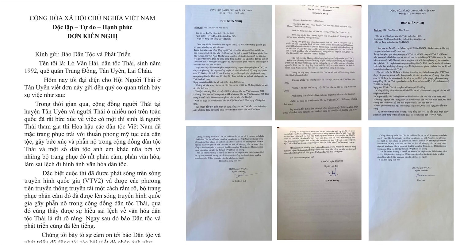 Những bức thư viết tay, thư điện tử, mỗi chữ kí kiến nghị của cộng đồng người Thái gửi tới Báo Dân tộc và Phát triển là những tâm tư, trăn trở, thể hiện trách nhiệm của mỗi cá nhân trong việc bảo vệ hình ảnh văn hóa dân tộc. Những bức thư viết tay, thư điện tử, mỗi chữ kí kiến nghị của cộng đồng người Thái gửi tới Báo Dân tộc và Phát triển là những tâm tư, trăn trở, thể hiện trách nhiệm của mỗi cá nhân trong việc bảo vệ hình ảnh văn hóa dân tộc