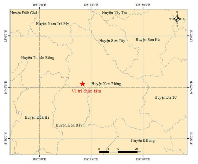 Sơ đồ vị trí trận động đất 4.7 độ richter xảy ra tại huyện Kon Plông, tỉnh Kon Tum. Ảnh: Viện Vật lý địa cầu Sơ đồ vị trí trận động đất 4.7 độ richter xảy ra tại huyện Kon Plông, tỉnh Kon Tum. Ảnh: Viện Vật lý địa cầu
