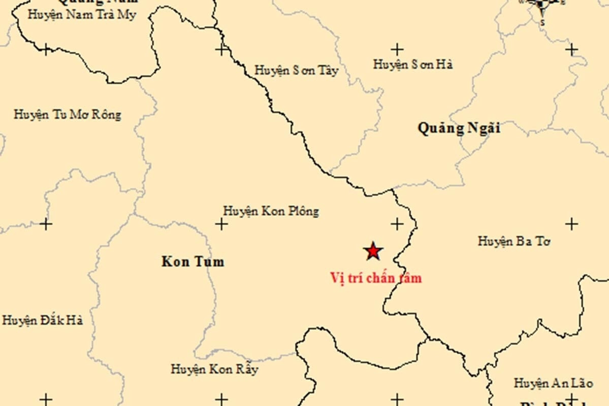 Vị trí xảy ra động đất ở Kon Tum chiều 23/8. Ảnh: Viện vật lý địa cầu